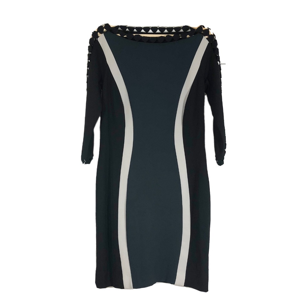 Jaeger London Colorblock Wool Sheath Dress Long Sleeves Green Black Sz 8